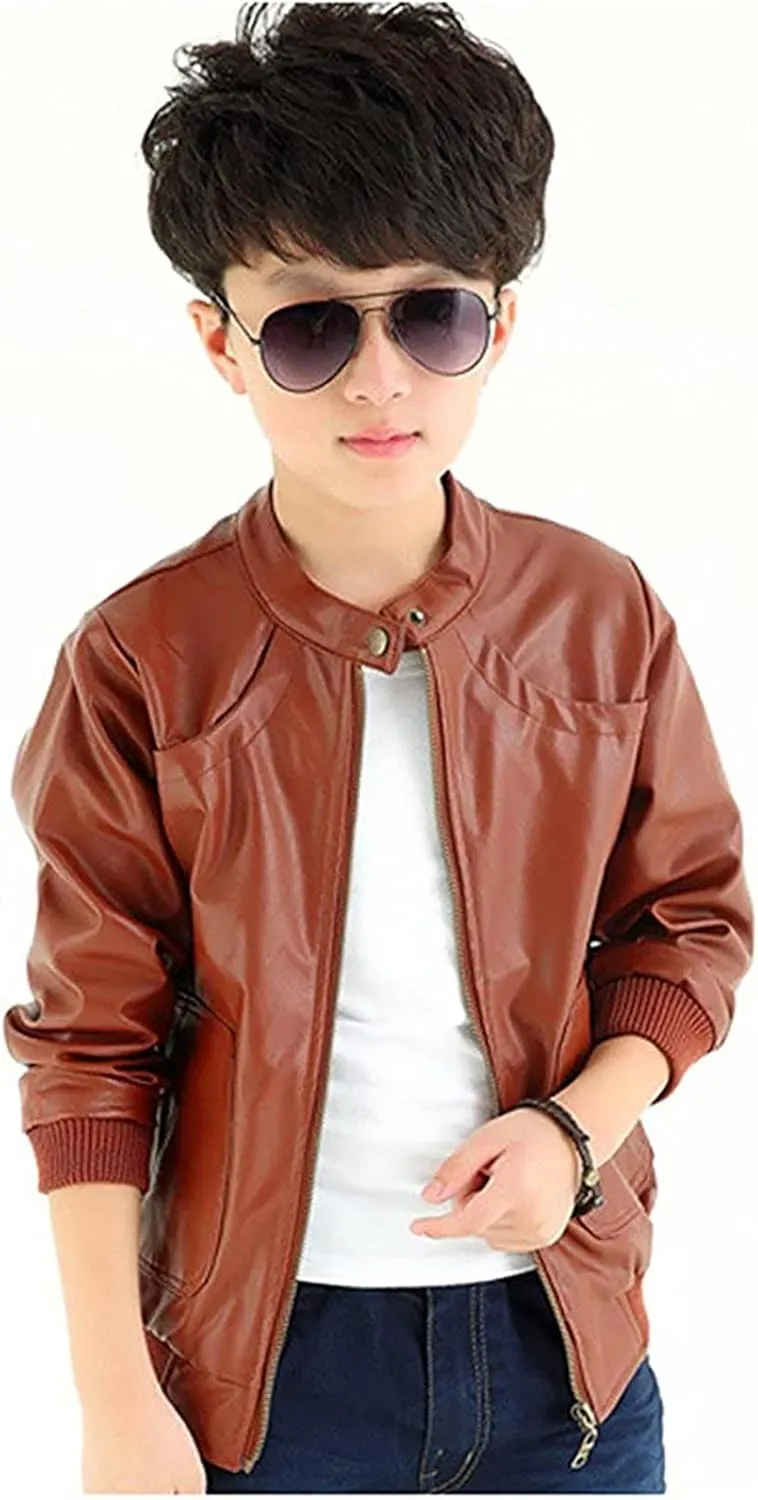 3-12Years Boy's Trendy Stand-Collar PU Leather Spring Moto Jacket Kids Zipper Fall Coats Outerwear