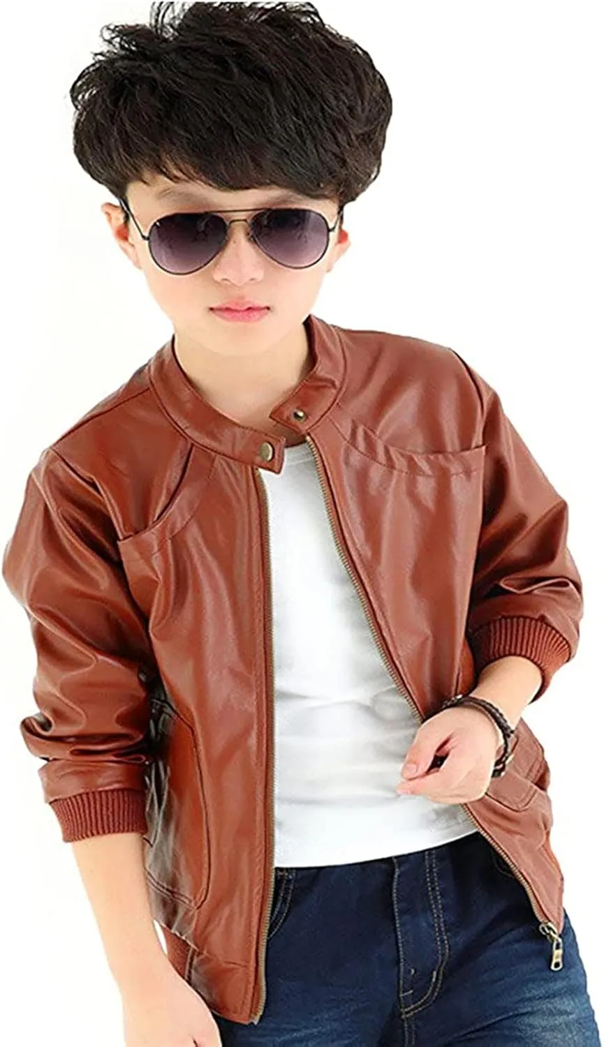 3-12Years Boy's Trendy Stand-Collar PU Leather Spring Moto Jacket Kids Zipper Fall Coats Outerwear