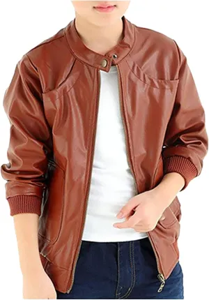 3-12Years Boy's Trendy Stand-Collar PU Leather Spring Moto Jacket Kids Zipper Fall Coats Outerwear