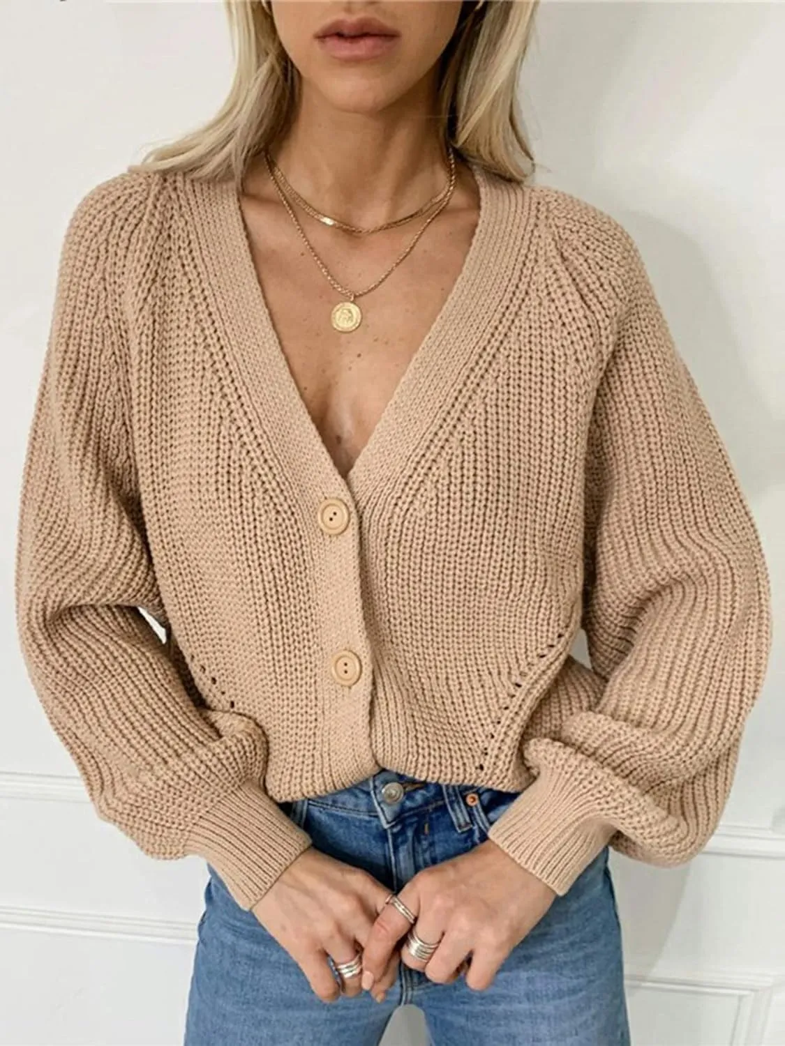 Angashion Women's V Neck Button Down Long Sleeve Cable Knit Cardigan Sweaters Outerwear Tops