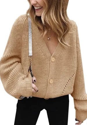 Angashion Women's V Neck Button Down Long Sleeve Cable Knit Cardigan Sweaters Outerwear Tops