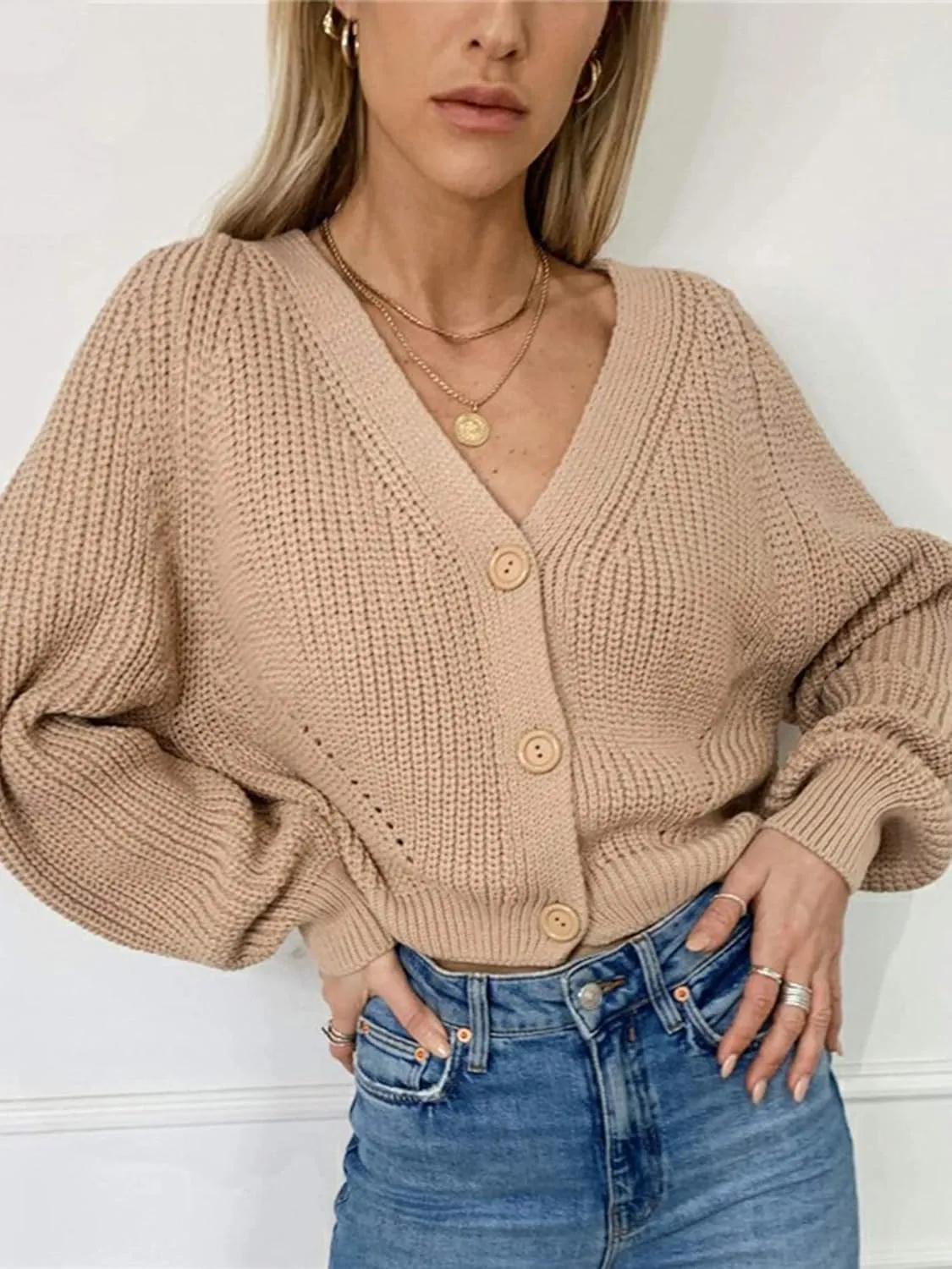 Angashion Women's V Neck Button Down Long Sleeve Cable Knit Cardigan Sweaters Outerwear Tops