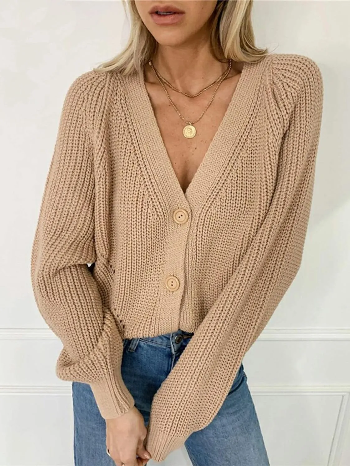 Angashion Women's V Neck Button Down Long Sleeve Cable Knit Cardigan Sweaters Outerwear Tops