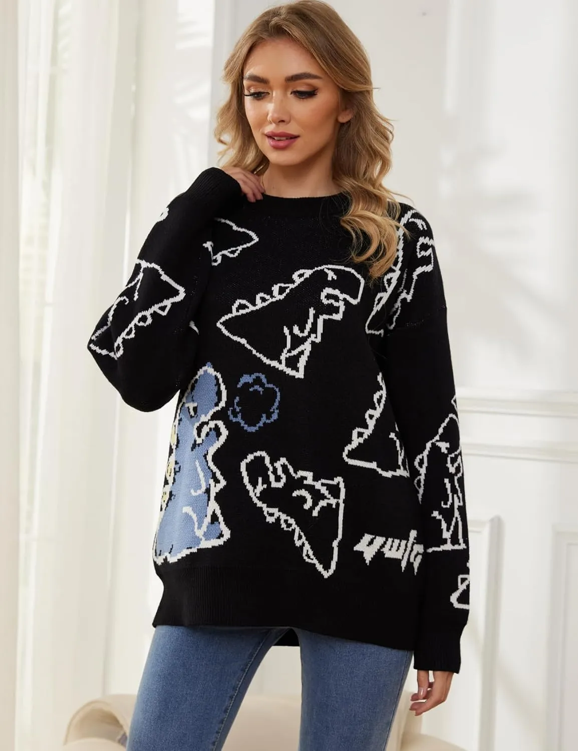Arssm Dinosaur Sweater Women y2k Vintage Oversized Graphic Streetwear Knit Sweater Casual Cute Kawaii Tops