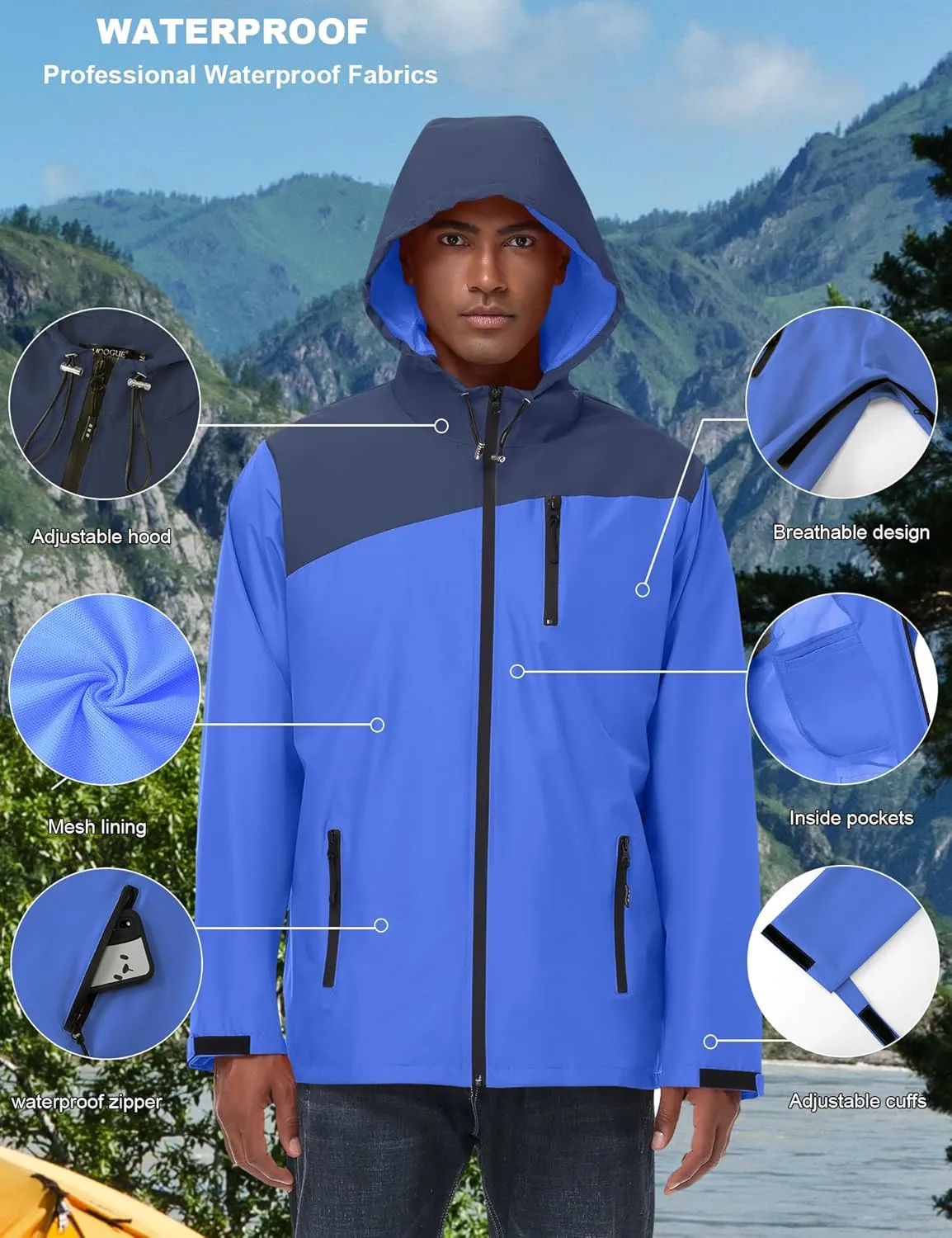 Avoogue Mens Waterproof Lightweight Rain Jacket Breathable Active Outdoor Hooded Raincoat Casual Trendy Jackets Work Jacket