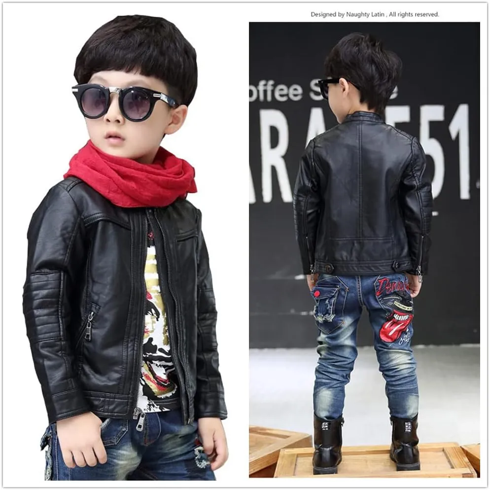 Boys Stand Collar Leather Jackets Kids Spring Faux Leather Motorcycle Coats for 3-12Years