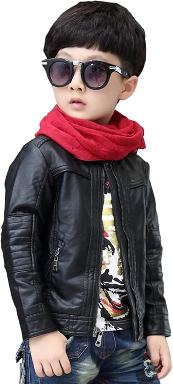Boys Stand Collar Leather Jackets Kids Spring Faux Leather Motorcycle Coats for 3-12Years