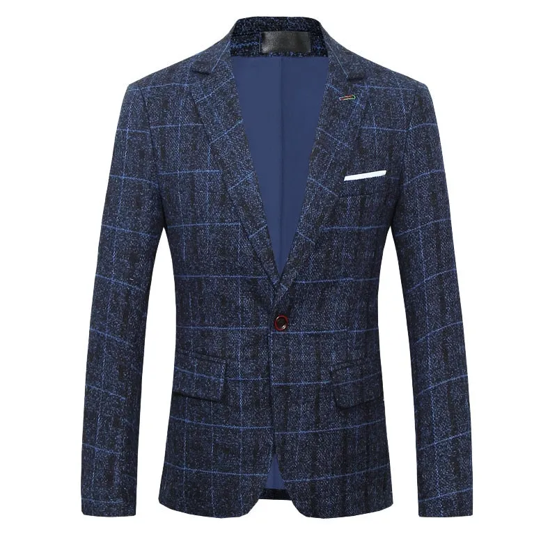 BRADLEY Men's Fashion Premium Quality Navy Blue Black Gray & Khaki Brown Plaid Style Blazer Suit Jacket