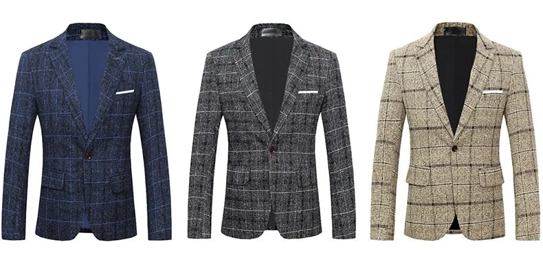 BRADLEY Men's Fashion Premium Quality Navy Blue Black Gray & Khaki Brown Plaid Style Blazer Suit Jacket
