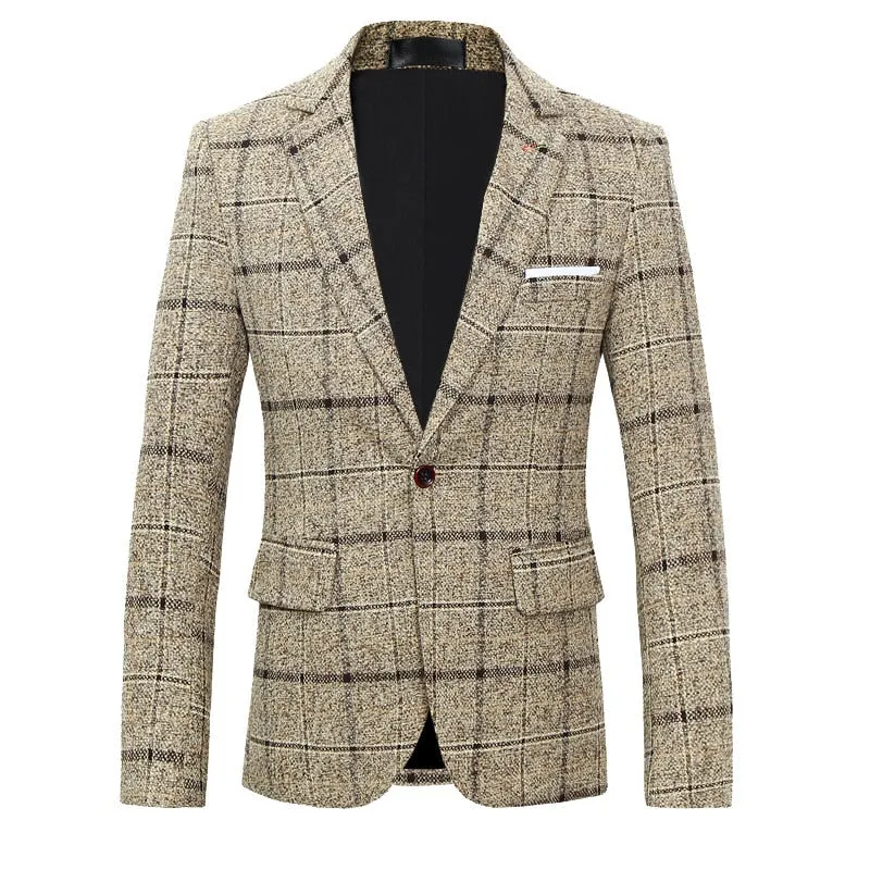 BRADLEY Men's Fashion Premium Quality Navy Blue Black Gray & Khaki Brown Plaid Style Blazer Suit Jacket