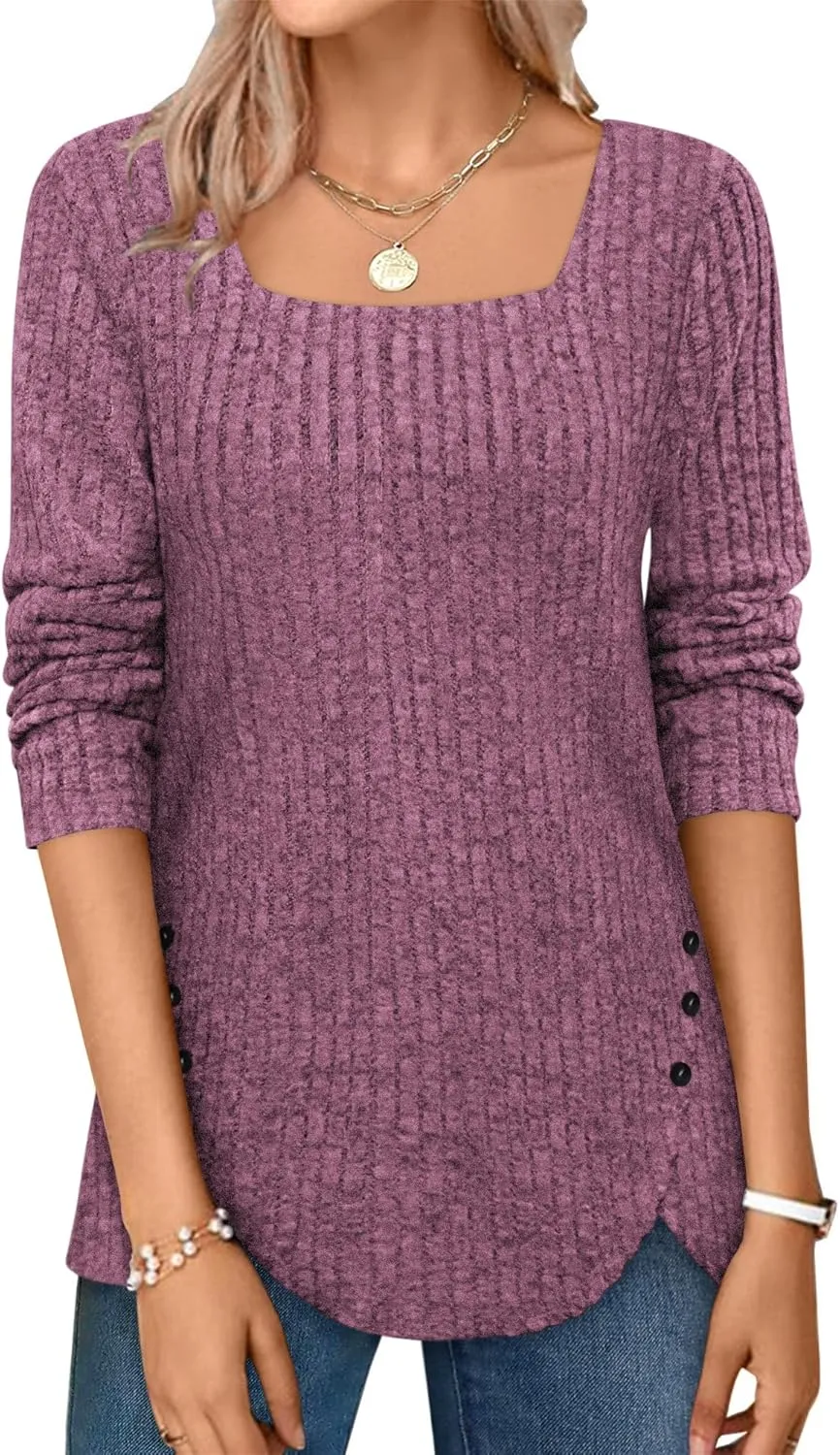 BZB Women's Sweaters Fall 2024 Lightweight Long Sleeve Square Neck Tunic Tops