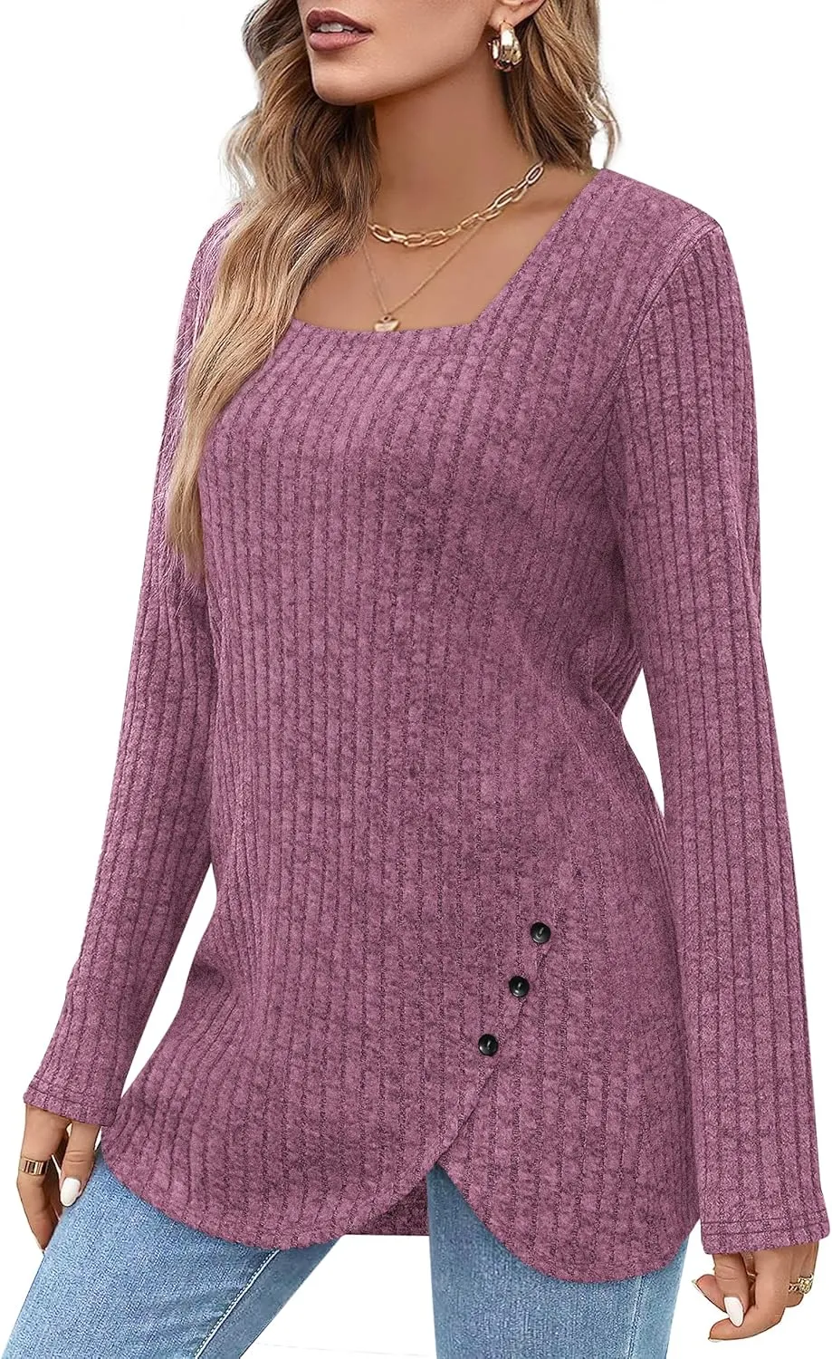 BZB Women's Sweaters Fall 2024 Lightweight Long Sleeve Square Neck Tunic Tops