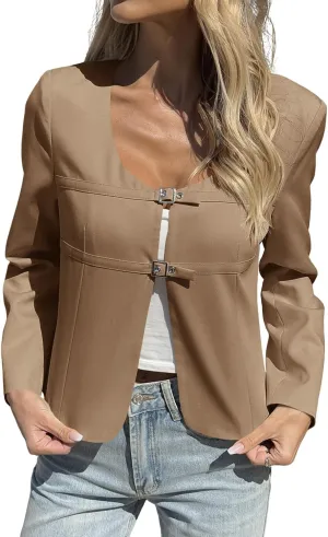 Cicy Bell Womens Cropped Blazer Jacket Long Sleeve Work Trendy Casual Tops Double Buckle Collarless Jackets