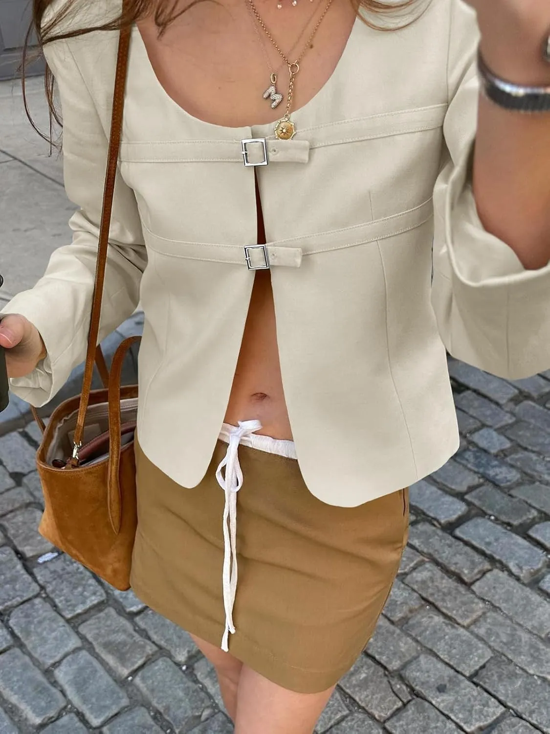 Cicy Bell Womens Cropped Blazer Jacket Long Sleeve Work Trendy Casual Tops Double Buckle Collarless Jackets