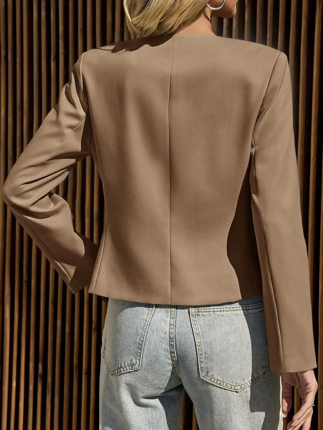 Cicy Bell Womens Cropped Blazer Jacket Long Sleeve Work Trendy Casual Tops Double Buckle Collarless Jackets