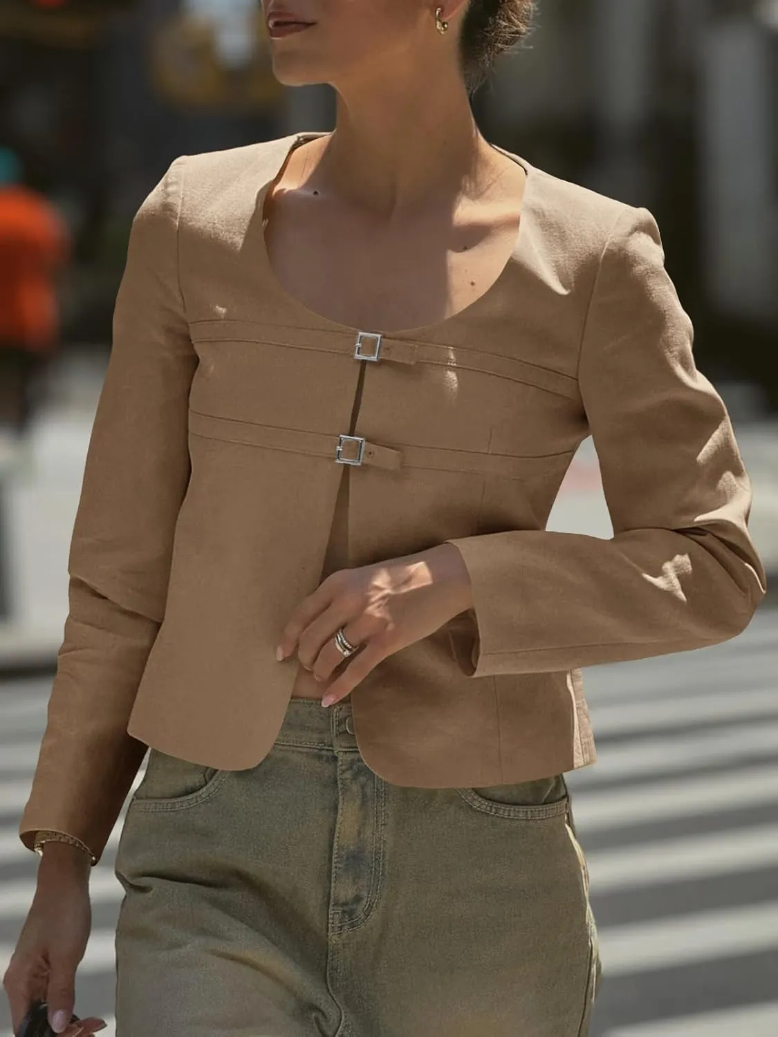 Cicy Bell Womens Cropped Blazer Jacket Long Sleeve Work Trendy Casual Tops Double Buckle Collarless Jackets