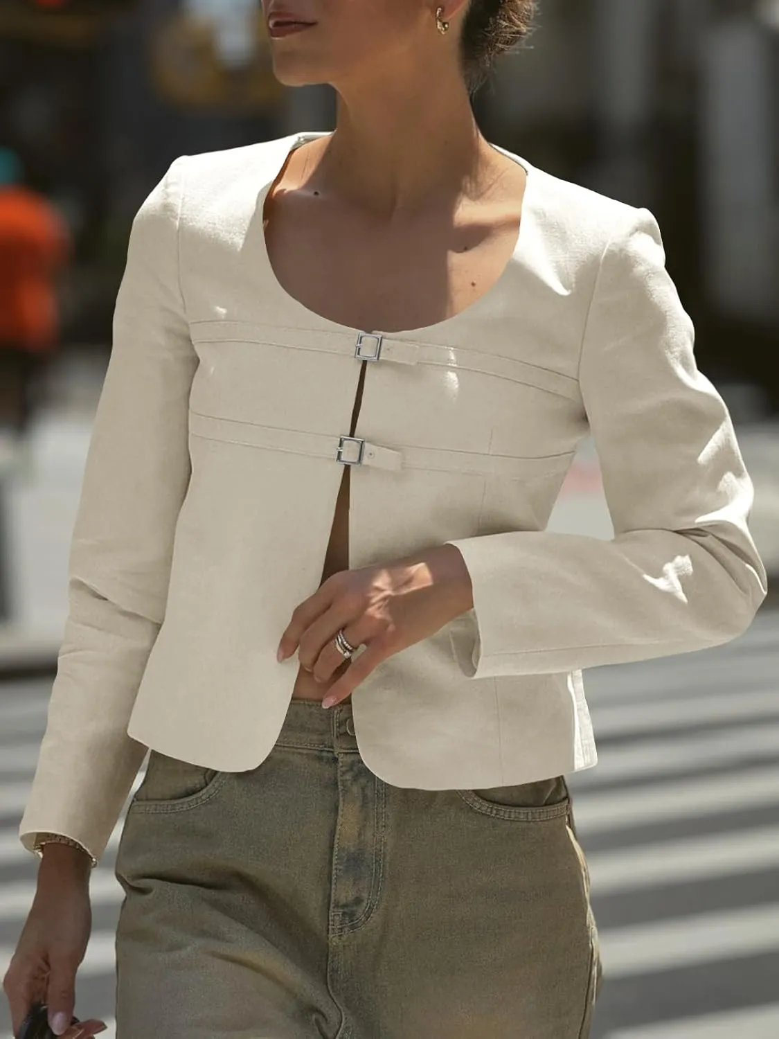 Cicy Bell Womens Cropped Blazer Jacket Long Sleeve Work Trendy Casual Tops Double Buckle Collarless Jackets
