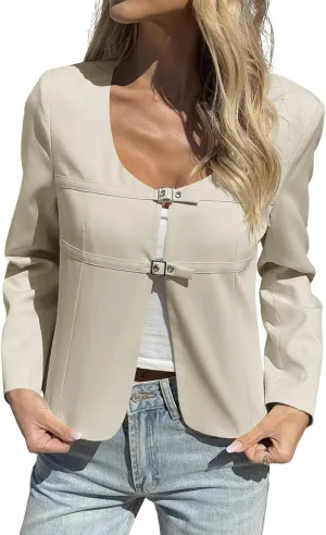 Cicy Bell Womens Cropped Blazer Jacket Long Sleeve Work Trendy Casual Tops Double Buckle Collarless Jackets