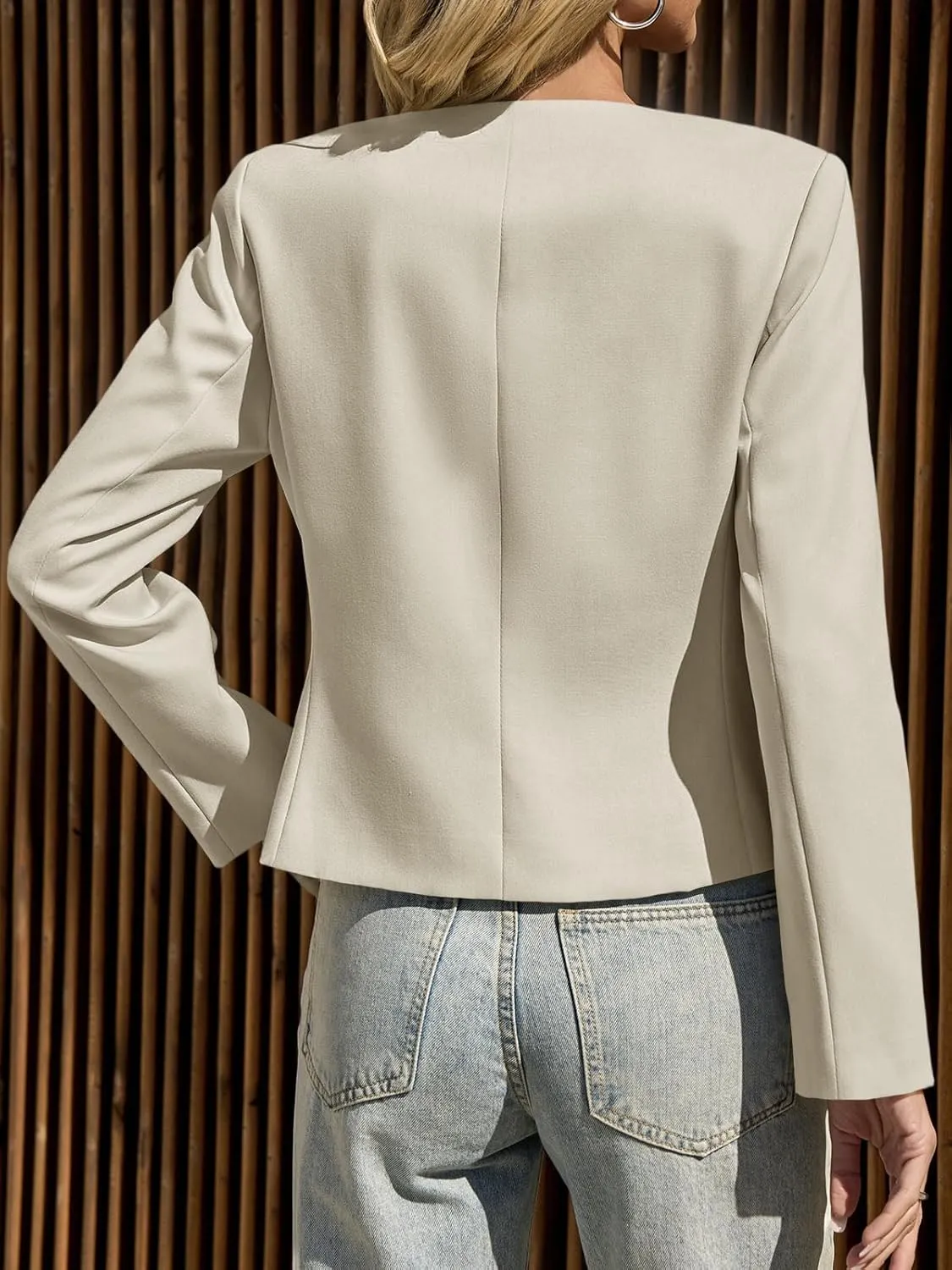 Cicy Bell Womens Cropped Blazer Jacket Long Sleeve Work Trendy Casual Tops Double Buckle Collarless Jackets