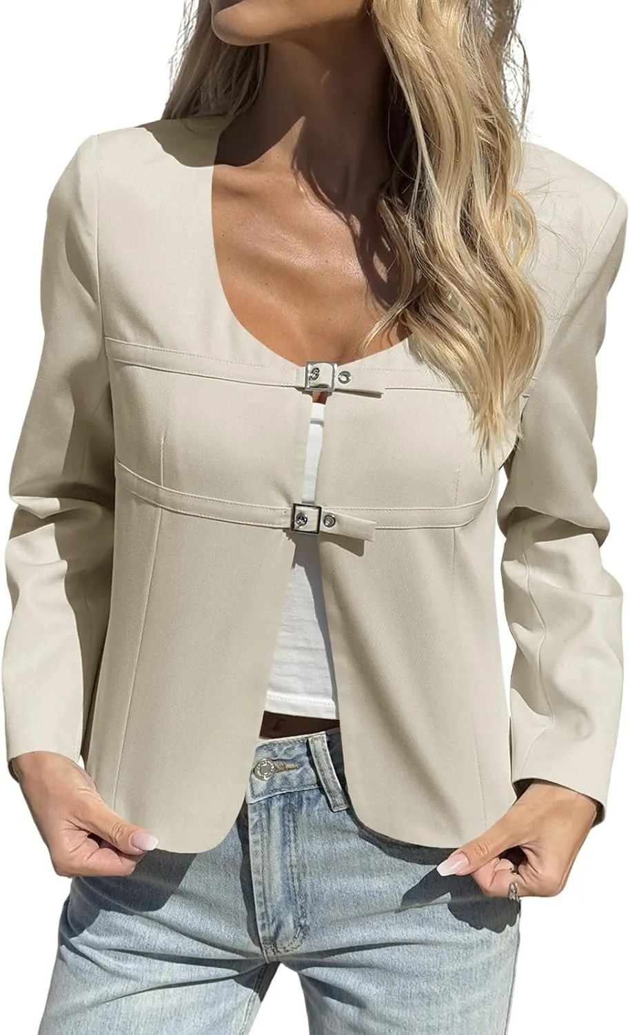Cicy Bell Womens Cropped Blazer Jacket Long Sleeve Work Trendy Casual Tops Double Buckle Collarless Jackets