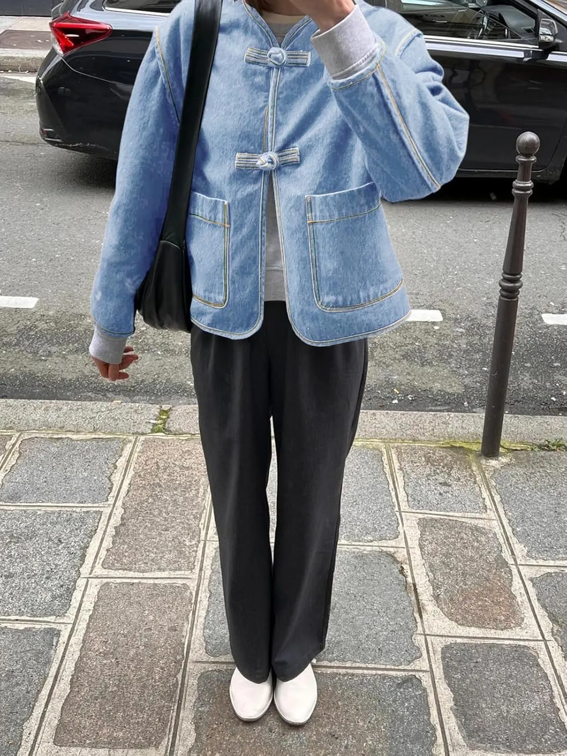 Cicy Bell Womens Cropped Collarless Denim Shirts Jackets Frog Button Trendy Jean Shackets Lightweight Casual Coat