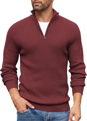 COOFANDY Men's Quarter Zip Sweaters Slim Fit Mock Neck Pullover Sweater Lightweight Knitted Polo Sweaters