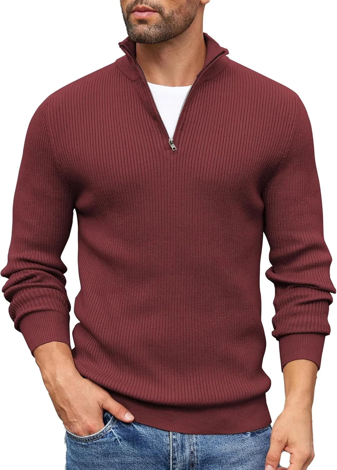 COOFANDY Men's Quarter Zip Sweaters Slim Fit Mock Neck Pullover Sweater Lightweight Knitted Polo Sweaters