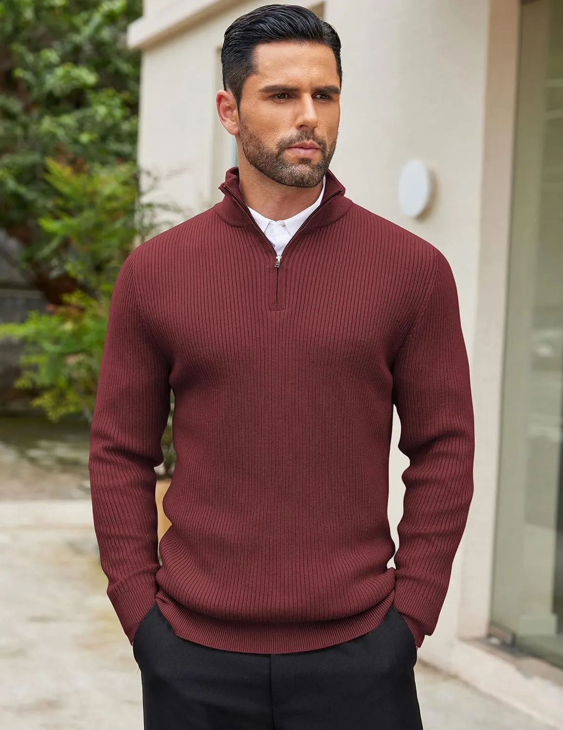 COOFANDY Men's Quarter Zip Sweaters Slim Fit Mock Neck Pullover Sweater Lightweight Knitted Polo Sweaters