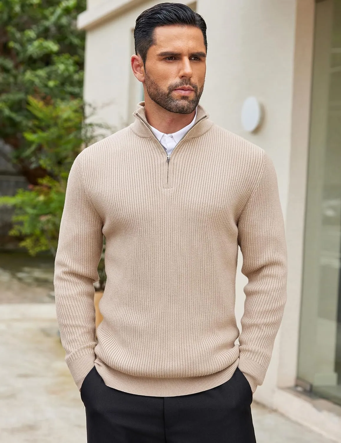 COOFANDY Men's Quarter Zip Sweaters Slim Fit Mock Neck Pullover Sweater Lightweight Knitted Polo Sweaters
