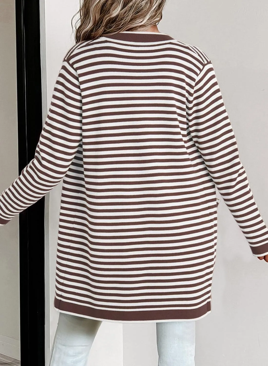 Dokotoo Cardigan Sweaters for Women Striped Fall Outfit Open Front Button Down Womens Cardigan with Pockets