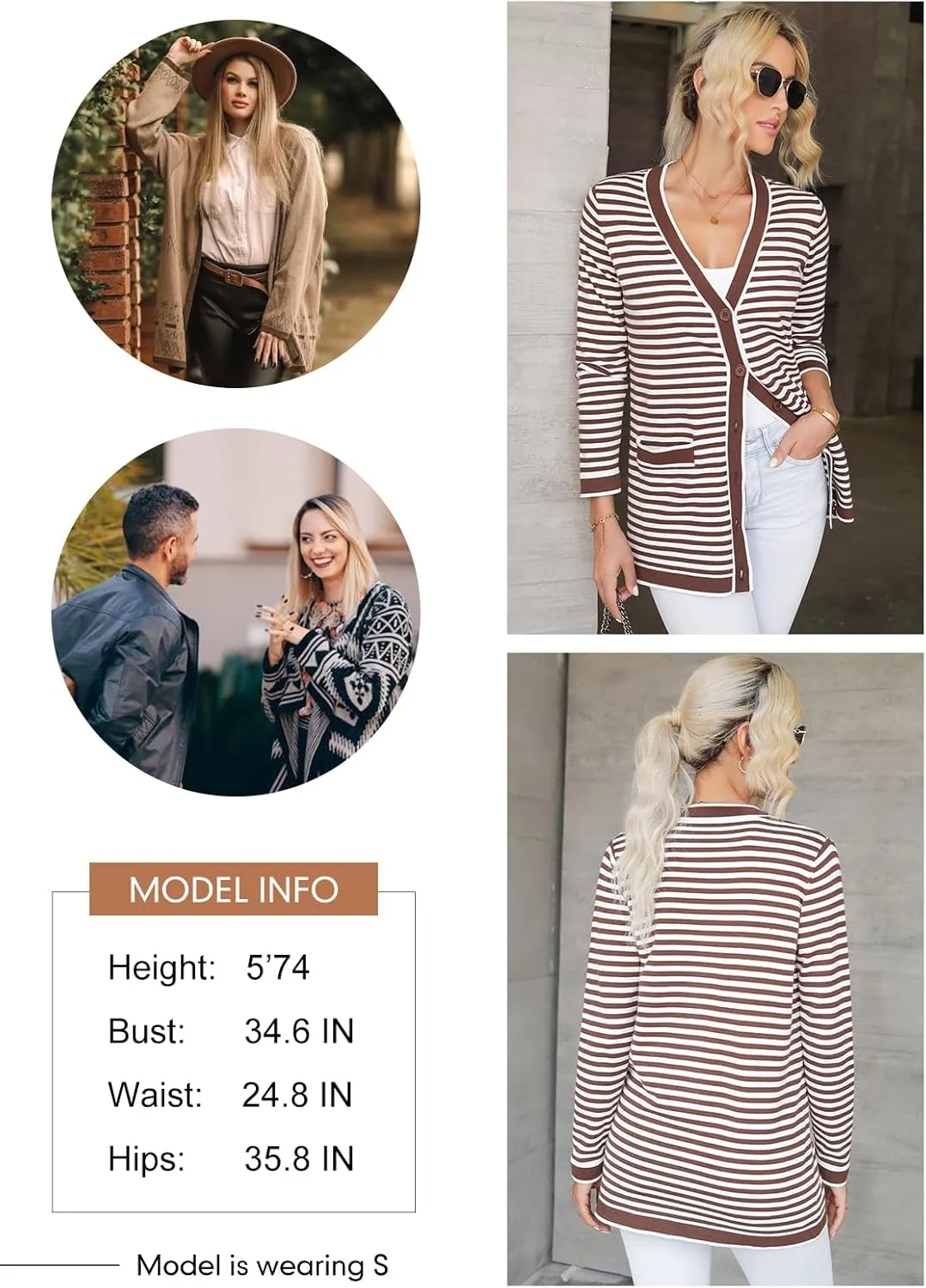Dokotoo Cardigan Sweaters for Women Striped Fall Outfit Open Front Button Down Womens Cardigan with Pockets