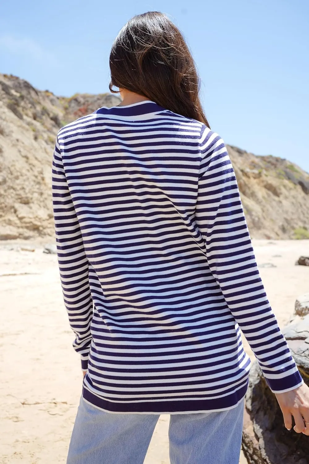 Dokotoo Cardigan Sweaters for Women Striped Fall Outfit Open Front Button Down Womens Cardigan with Pockets