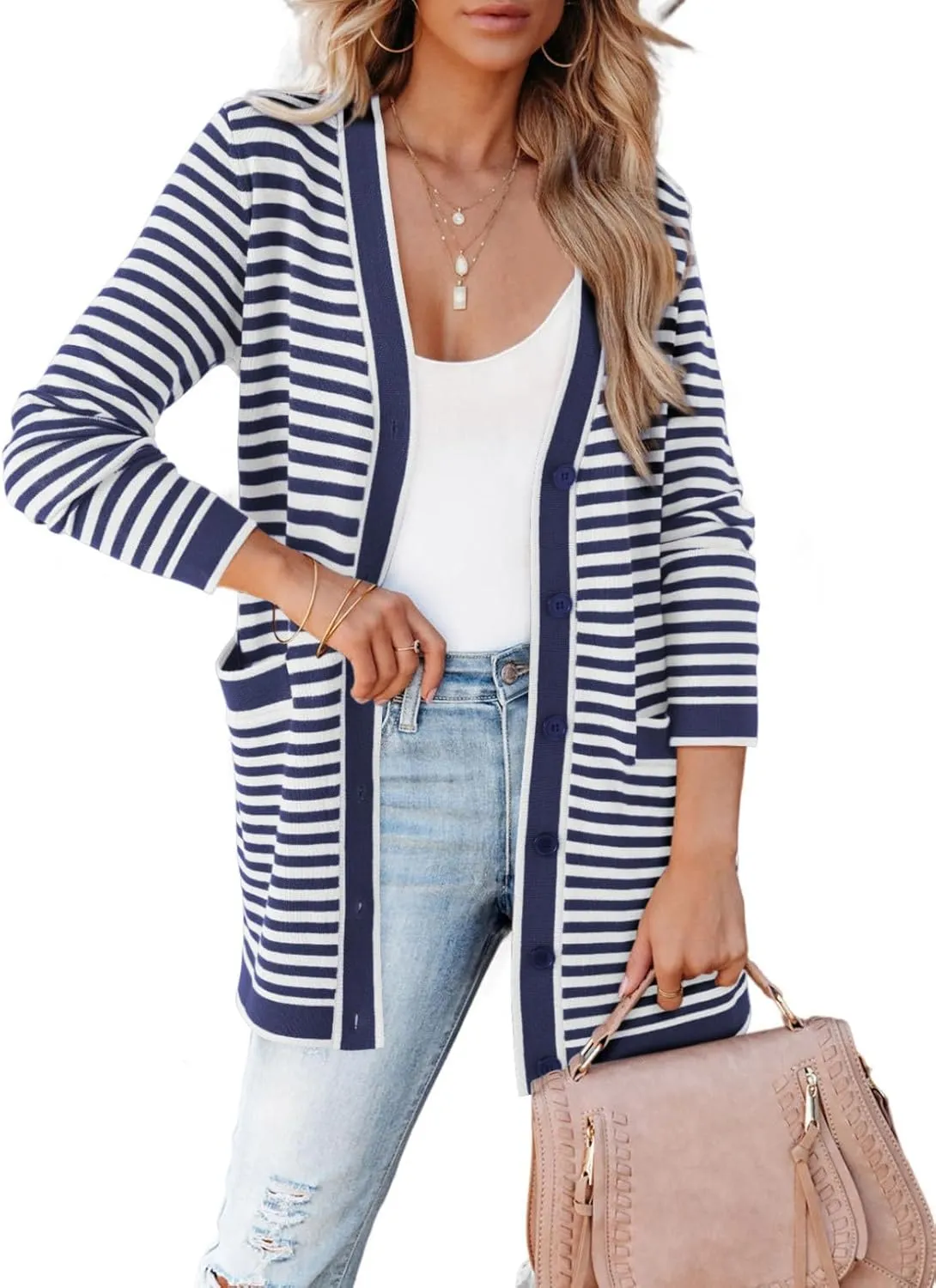 Dokotoo Cardigan Sweaters for Women Striped Fall Outfit Open Front Button Down Womens Cardigan with Pockets