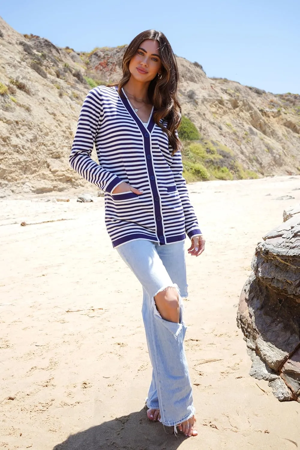 Dokotoo Cardigan Sweaters for Women Striped Fall Outfit Open Front Button Down Womens Cardigan with Pockets