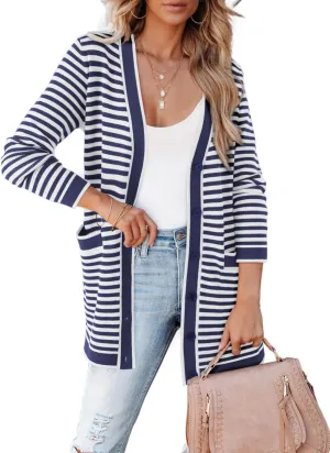 Dokotoo Cardigan Sweaters for Women Striped Fall Outfit Open Front Button Down Womens Cardigan with Pockets