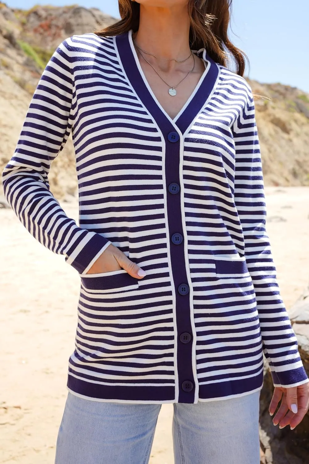 Dokotoo Cardigan Sweaters for Women Striped Fall Outfit Open Front Button Down Womens Cardigan with Pockets