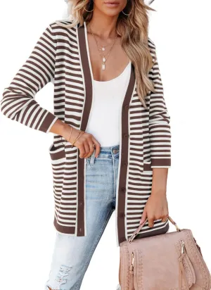 Dokotoo Cardigan Sweaters for Women Striped Fall Outfit Open Front Button Down Womens Cardigan with Pockets