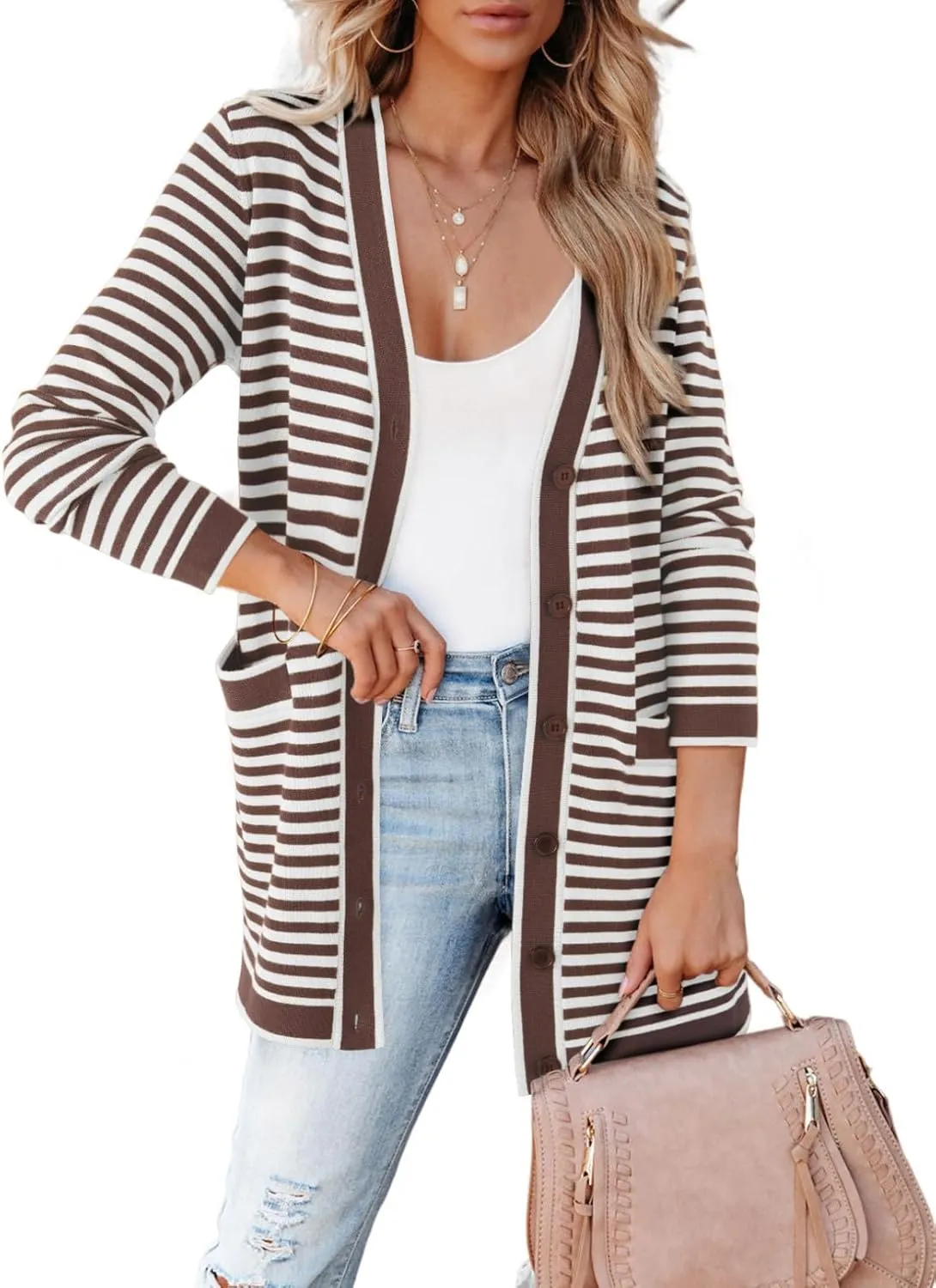 Dokotoo Cardigan Sweaters for Women Striped Fall Outfit Open Front Button Down Womens Cardigan with Pockets
