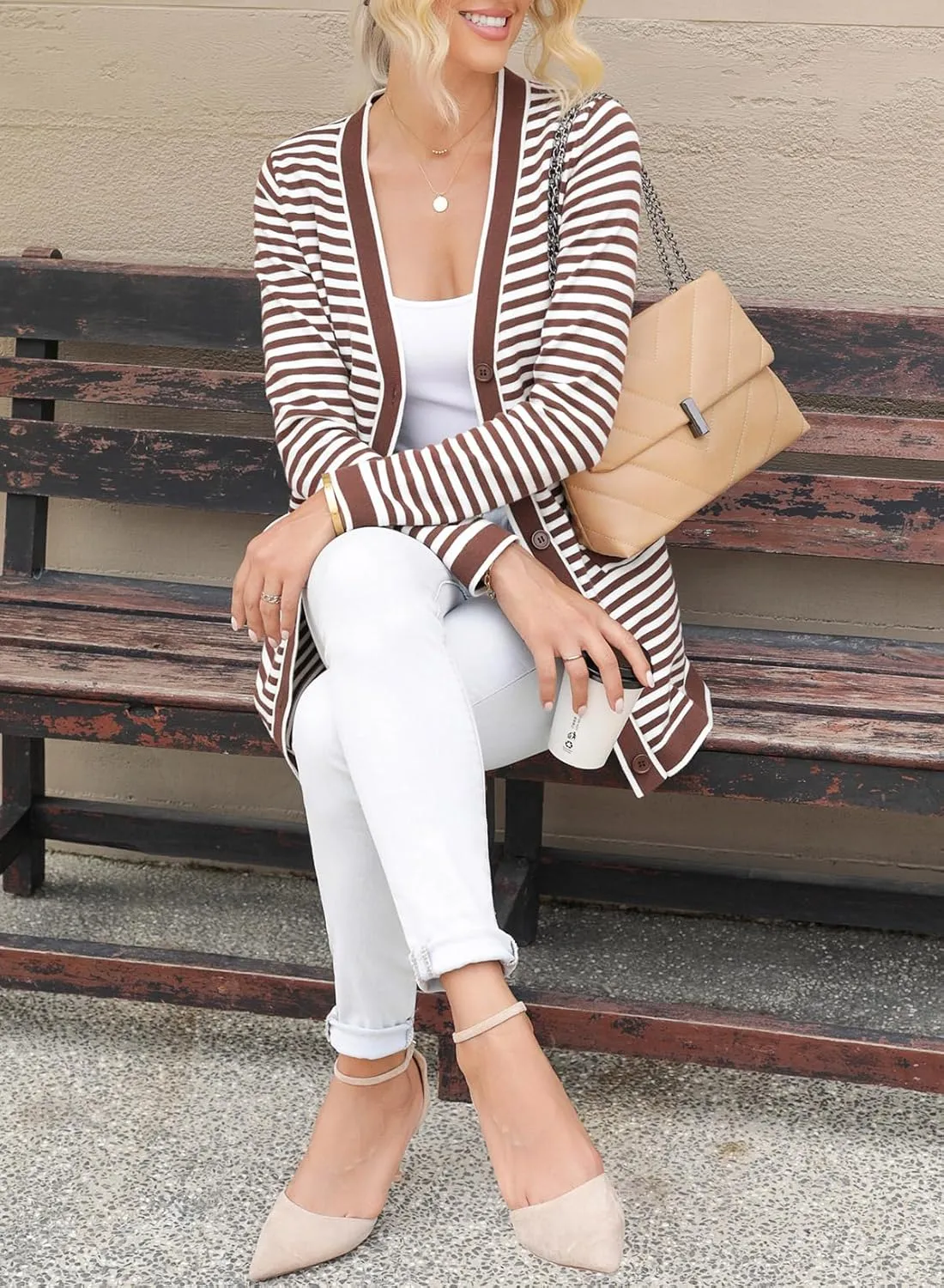 Dokotoo Cardigan Sweaters for Women Striped Fall Outfit Open Front Button Down Womens Cardigan with Pockets