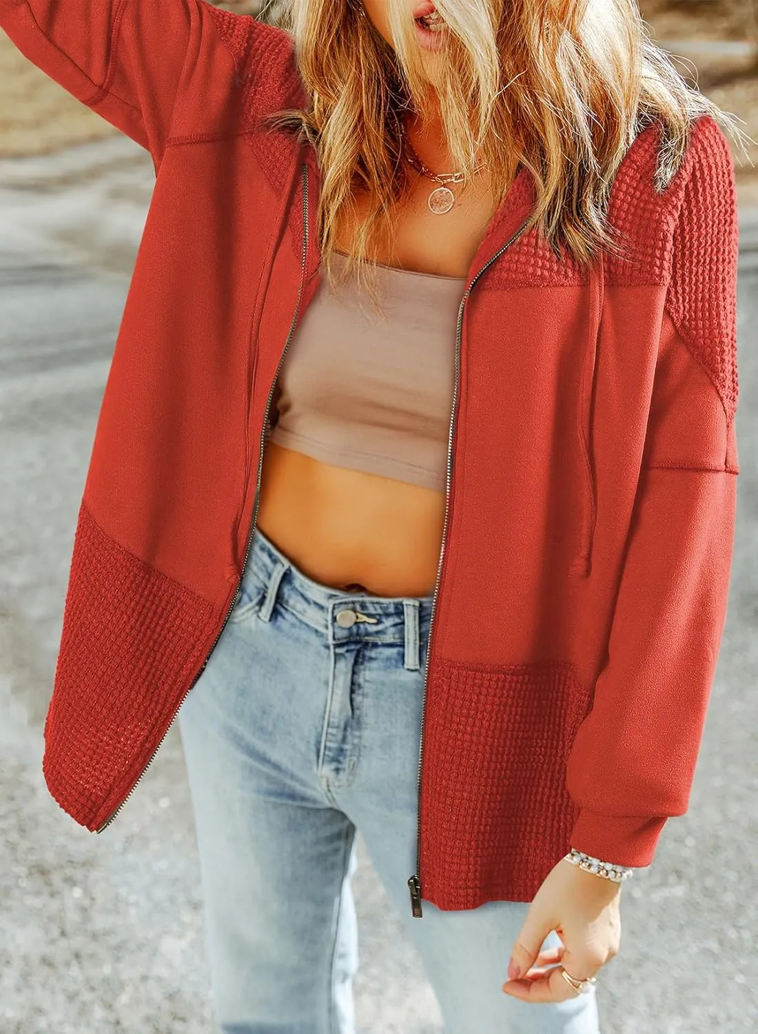 Dokotoo Waffle Knit Hoodies for Womens Zip Up Fall Outfits 2024 Drawstring Casual Oversized Jackets