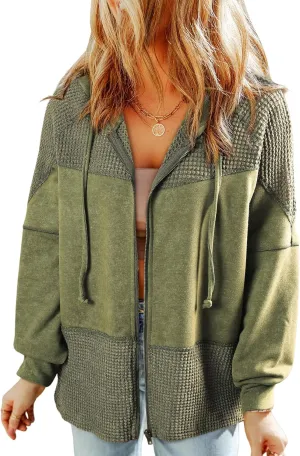 Dokotoo Waffle Knit Hoodies for Womens Zip Up Fall Outfits 2024 Drawstring Casual Oversized Jackets