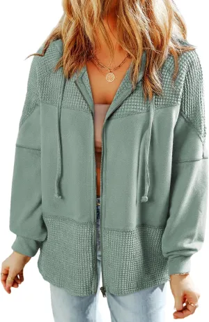 Dokotoo Waffle Knit Hoodies for Womens Zip Up Fall Outfits 2024 Drawstring Casual Oversized Jackets