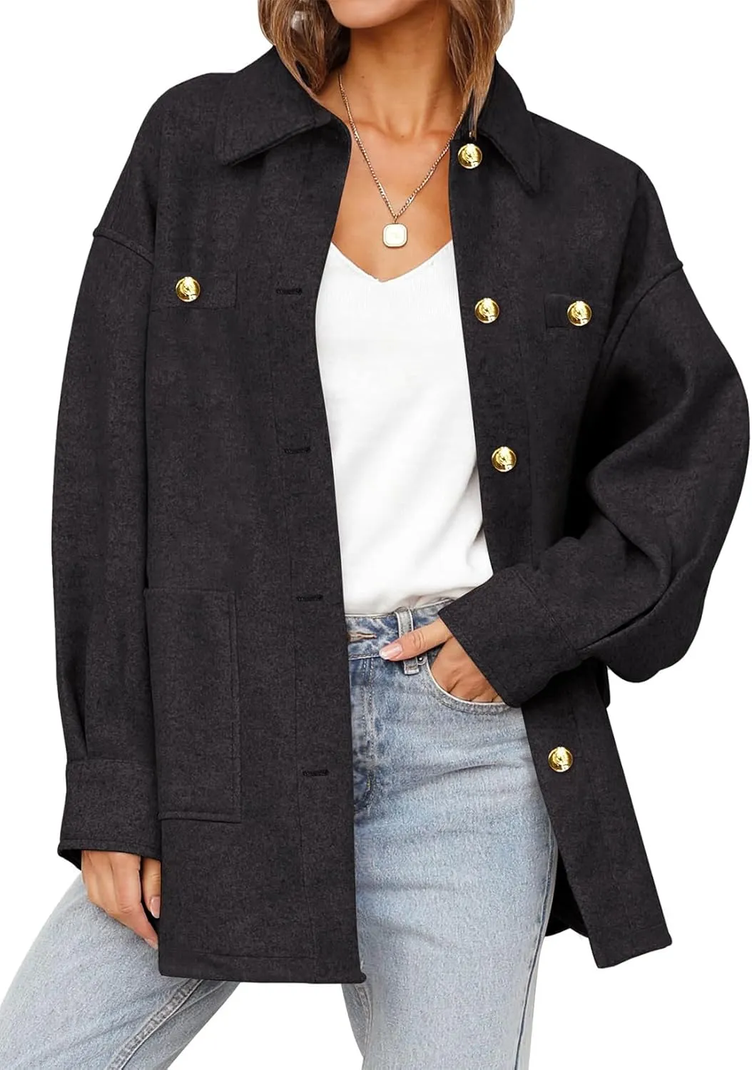 Dokotoo Women's Fall Oversized Long Sleeve Shacket Jackets 2024 Button Down Coats with Pockets