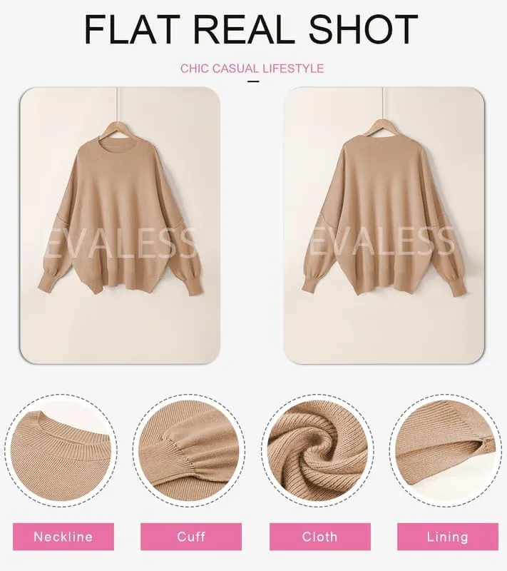 EVALESS Sweaters for Women Fashion 2024 Crewneck Batwing Sleeve Oversized Side Slit Ribbed Knit Pullover Sweater Tops