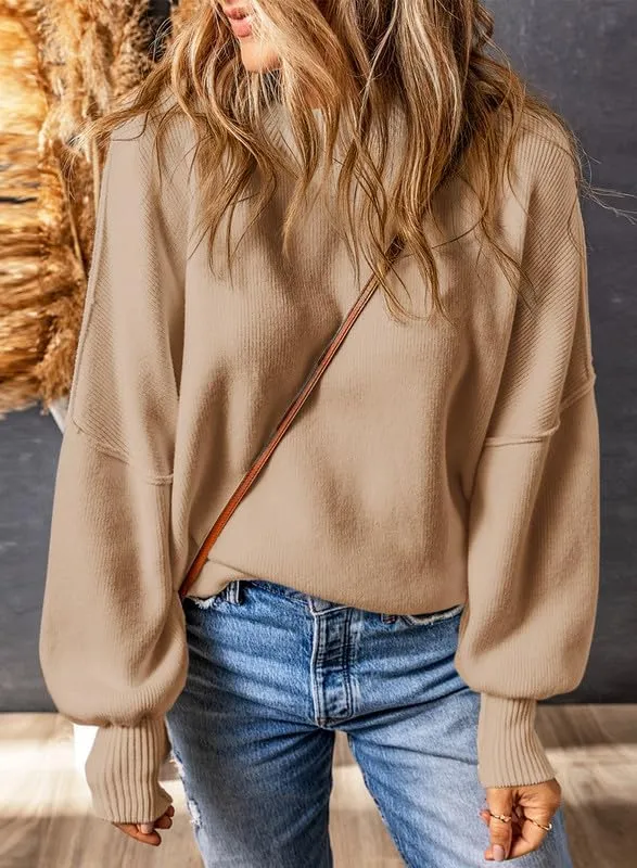 EVALESS Sweaters for Women Fashion 2024 Crewneck Batwing Sleeve Oversized Side Slit Ribbed Knit Pullover Sweater Tops
