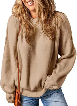 EVALESS Sweaters for Women Fashion 2024 Crewneck Batwing Sleeve Oversized Side Slit Ribbed Knit Pullover Sweater Tops