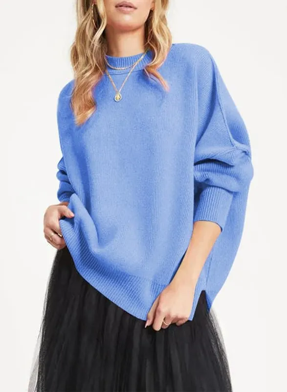 EVALESS Sweaters for Women Fashion 2024 Crewneck Batwing Sleeve Oversized Side Slit Ribbed Knit Pullover Sweater Tops