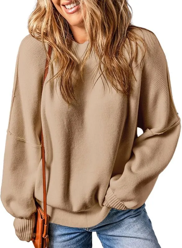 EVALESS Sweaters for Women Fashion 2024 Crewneck Batwing Sleeve Oversized Side Slit Ribbed Knit Pullover Sweater Tops