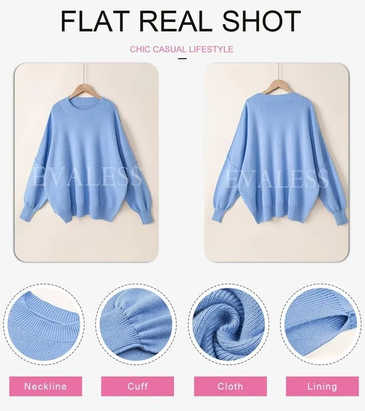 EVALESS Sweaters for Women Fashion 2024 Crewneck Batwing Sleeve Oversized Side Slit Ribbed Knit Pullover Sweater Tops