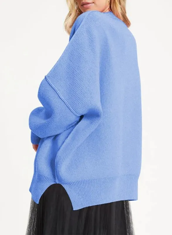 EVALESS Sweaters for Women Fashion 2024 Crewneck Batwing Sleeve Oversized Side Slit Ribbed Knit Pullover Sweater Tops